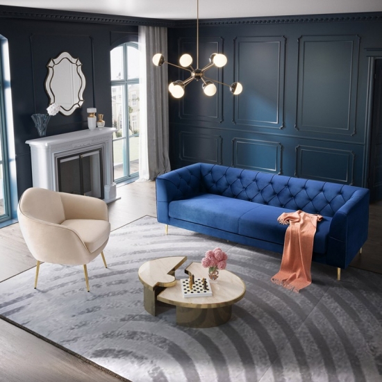 3 Seater Chesterfield Luxury Blue Comfortable Velvet Tufted Sofas