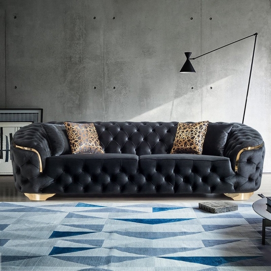 Linsy Home Furniture, Black Leather Tufted Sofa Set