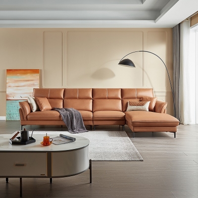 Linsy home furniture  L-shape Living Room Leather Orange Sofa with Chaise S155-A