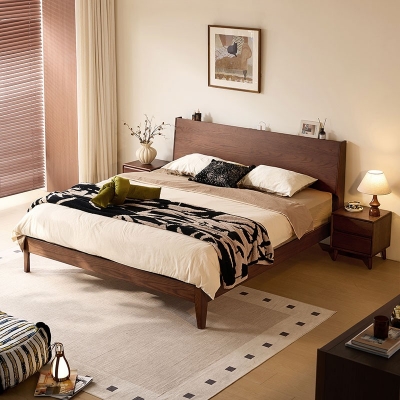 Mid-Century Modern Wood Bed with Charging